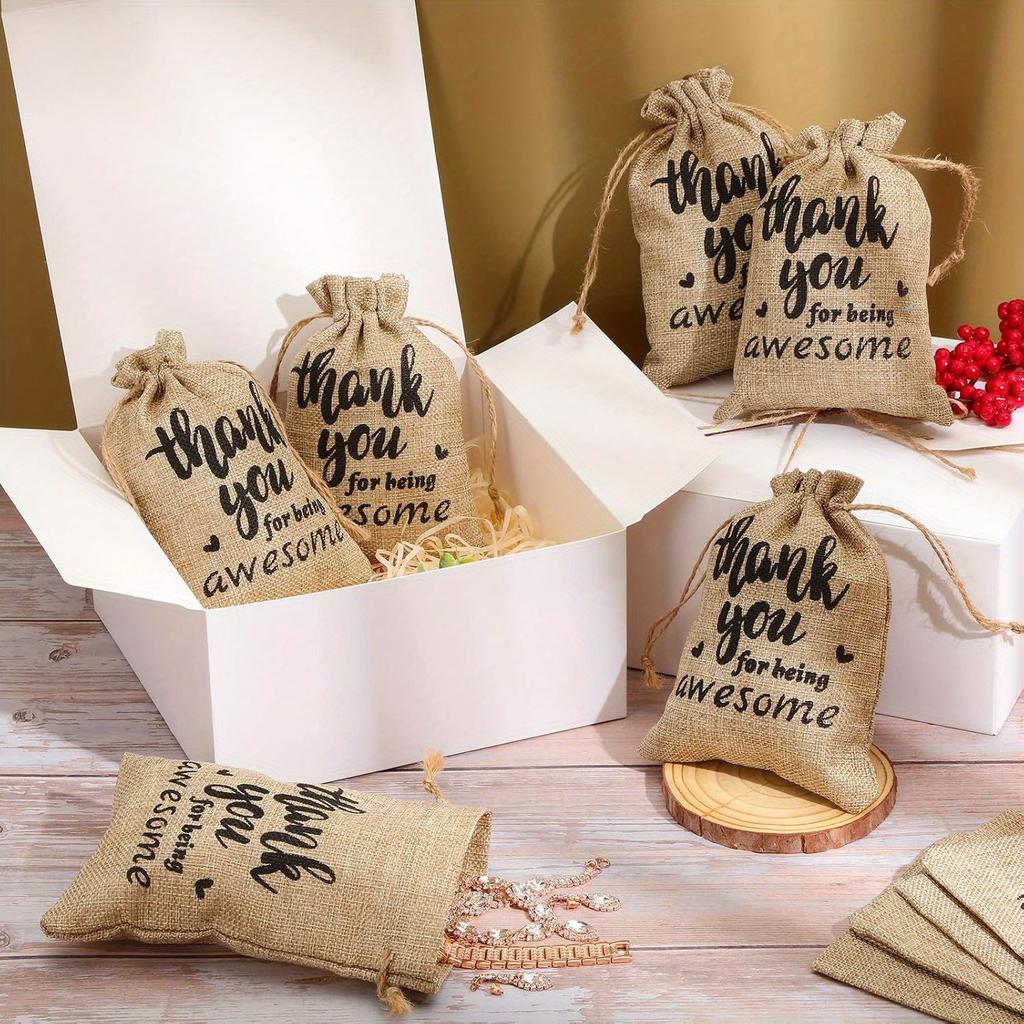 1 Set (10pcs) Thank You Burlap Gift Bags – 5x7 Inches (13x18cm) Small Jute Drawstring Bags, DIY Therapeutic Bags, Linen Jewelry Bags for Thanksgiving