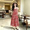 French Luxury Vacation Style Camisole Dress for Teenagers, Bohemian Floral Beach Casual Long Dress