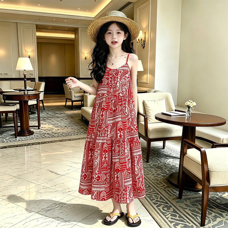 French Luxury Vacation Style Camisole Dress for Teenagers, Bohemian Floral Beach Casual Long Dress