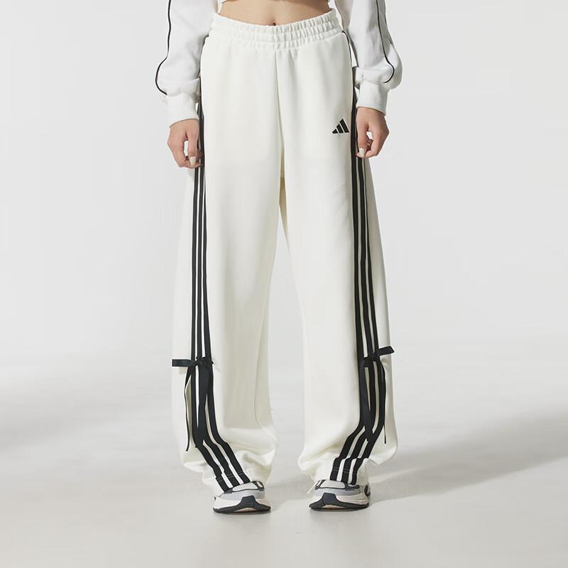 Adidas Loose Fit Lace-Up Striped Bow Wide Leg Casual Pants Women bottoms White KG3857