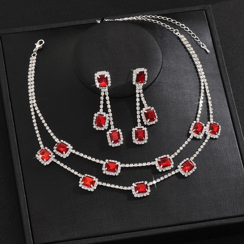 Zircon Square Fringed Earrings, Royal Style Earrings and Necklace, Luxurious Wedding Accessory
