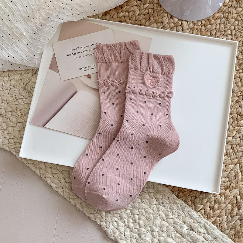 Embroidered Bear Socks, Girls' Autumn Cartoon Cute Mid-calf Socks, Bubble Mouth Polka Dot Socks, Boneless Pile Socks