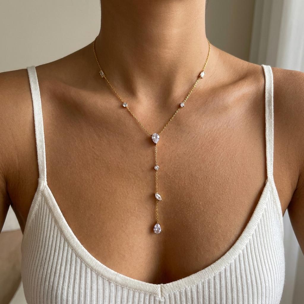 Delicate Heart Star Stainless Steel Y Drop Necklace for Women Geometric Cubic Zirconia Adjustable Chain Party Jewelry Gift