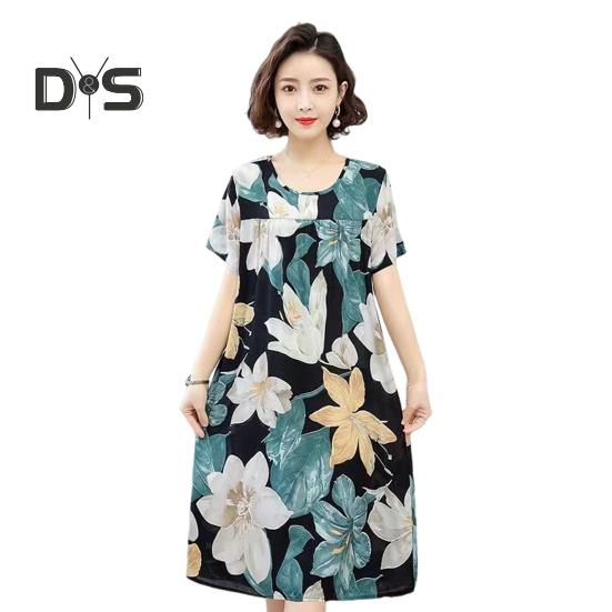 Women Nightdress Loose Floral Print Round Neck Pleated Short Sleeves Knee Length Homewear Casual Midi Dress Lady Nightgown Midi Dress