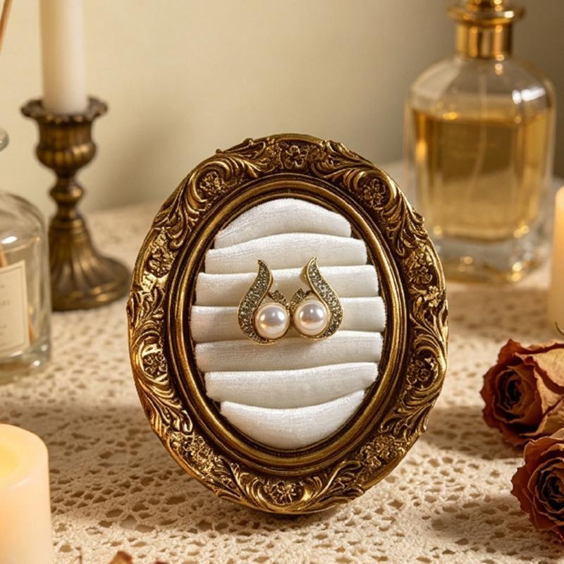 Ring Display Tray with Multiple Horizontal Slots, Ornate Oval Scrollwork Frame and Flat Base for Tabletop Presentation