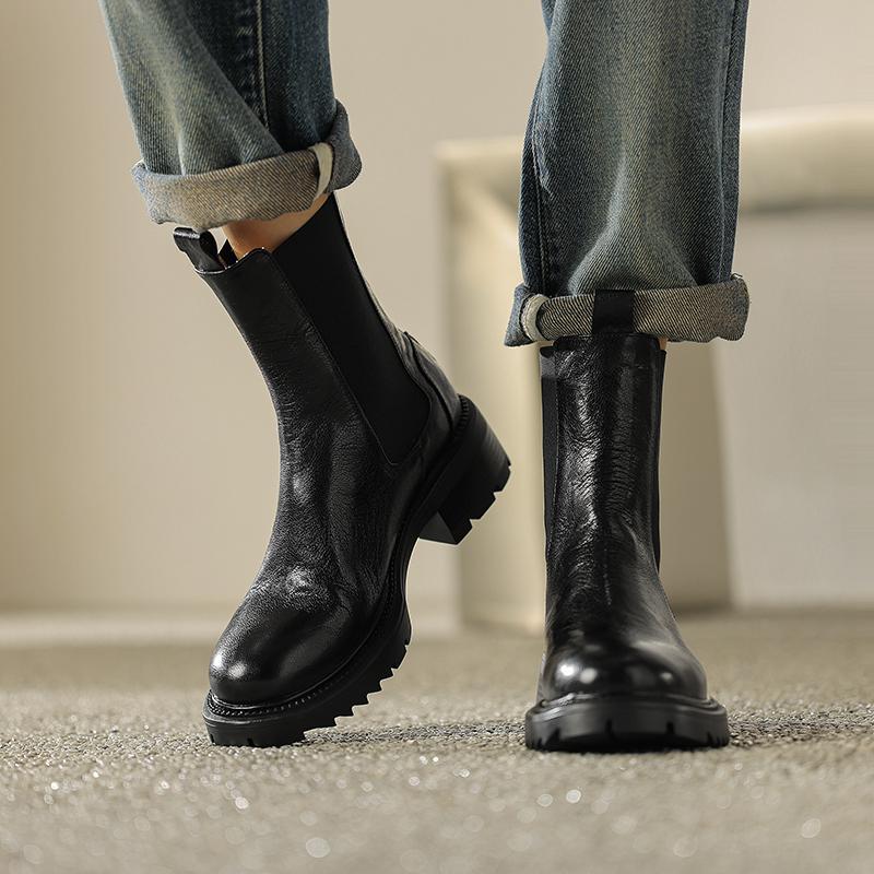 Krazing Pot Cow Leather Autumn Winter Shoes Round Toe Platform Plus Size Basic Clothing Thick Med Heels Slip On Chelsea Boots Women Ankle Boots