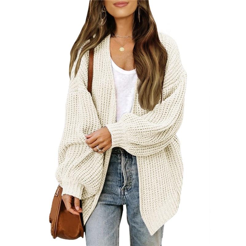 Women's Lantern Sleeve Thick Needle Cardigan New Pocket Knitted Sweater Women's Jacket