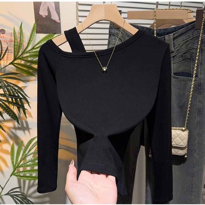 Spring Autumn One World Collar Sexy Off the Shoulder Tee Women Long Sleeve Casual All-match Pullover T-shirt Top