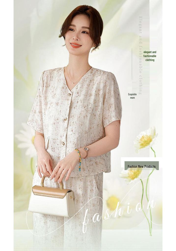 Women's Chinese Style Summer Two-Piece Set: Stylish Short Sleeve Top and Pants for Middle-Aged and Elderly