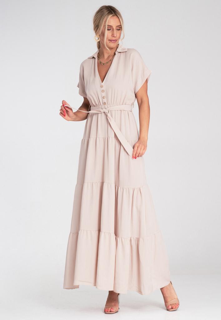 Letnia Sukienka Maxi - Sukienka Z Kołnierzykiem I Falbankami - Beżowa M1195 R. S/M