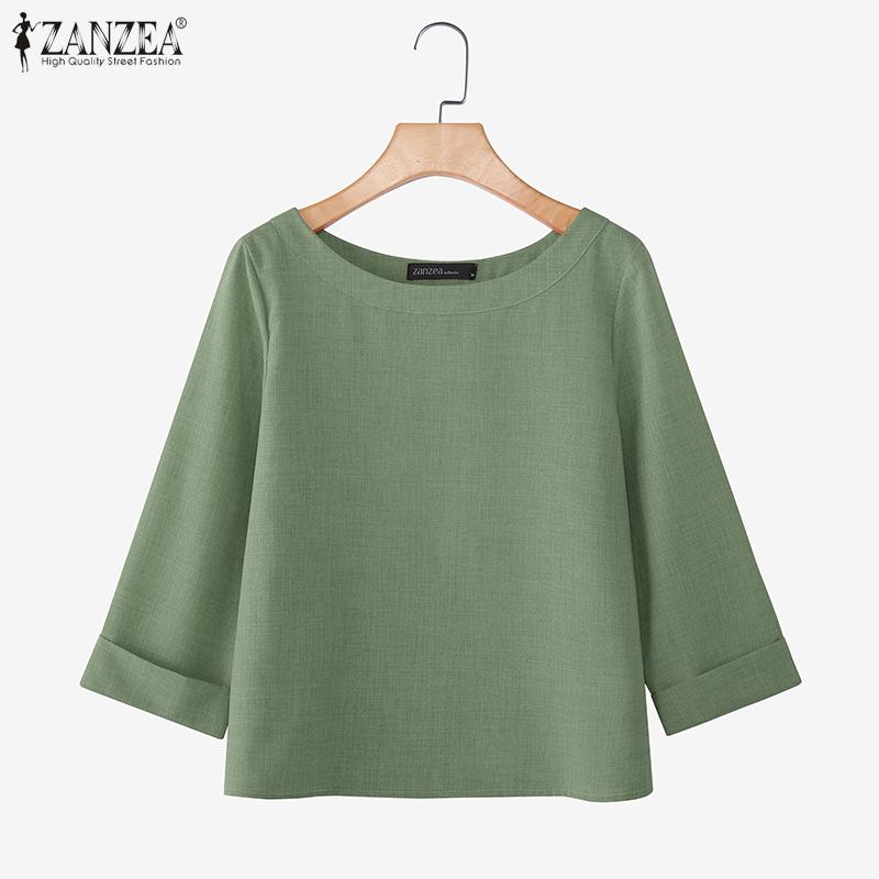 ZANZEA Damen Lässig Rundhals 3/4-Ärmel Einfarbig Locker Bluse