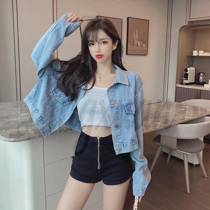 

Женская стираная джинсовая куртка с заклепками на лацканах - Гонконгский стиль, свободный крой, новая корейская версия One size синий