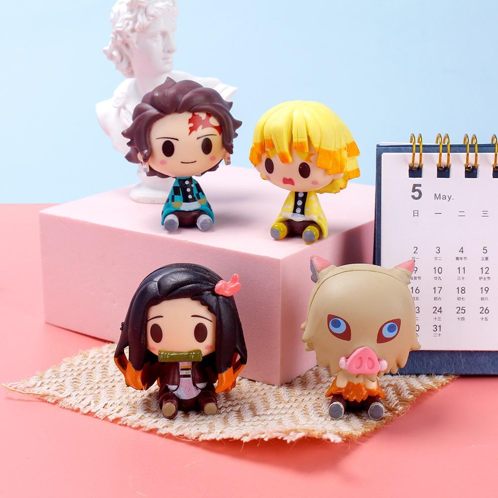 4Pcs/Set Q Version Demon Slayer Sitting Ghost Doll 4cm Tanjiro Nidouzi Inosuke Zenizu Figure Action Figure Movie Model Toys