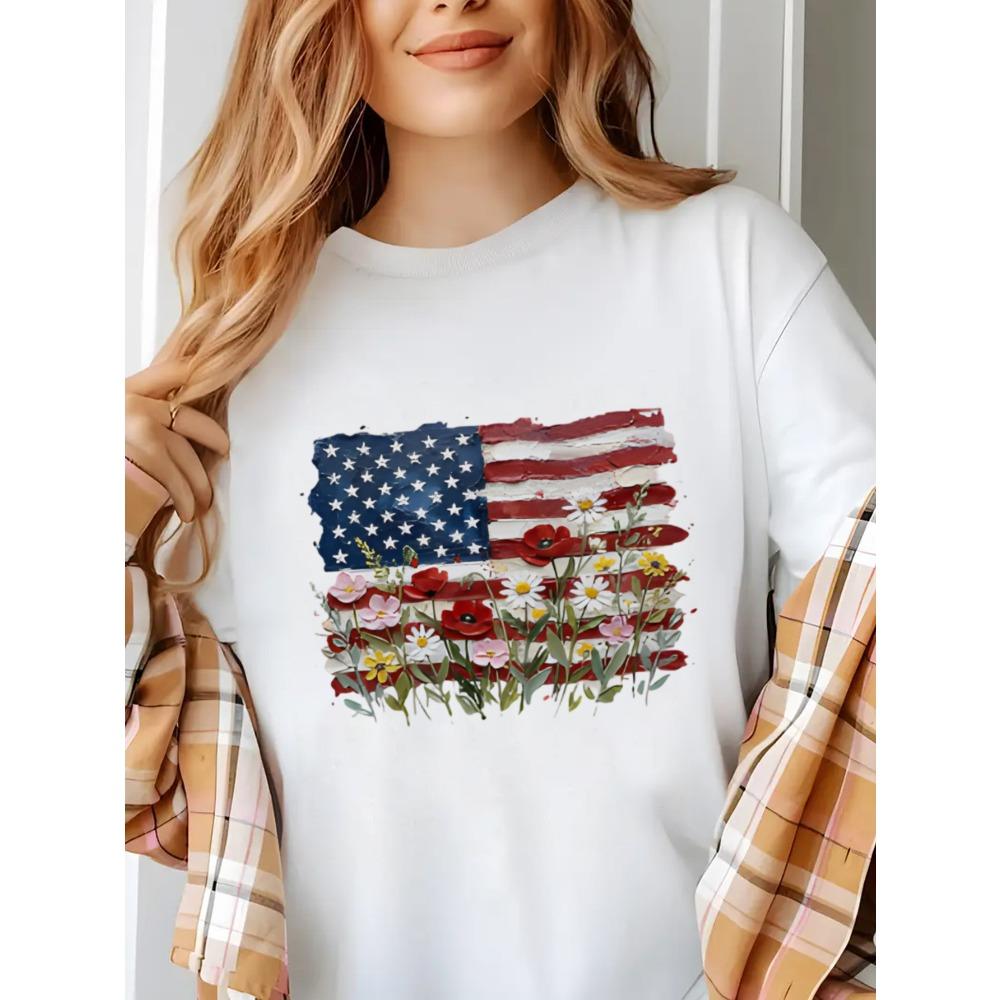 

American Flag Floral Women s Round Neck T-shirt Summer Casual Short Sleeved Top Street Fashion Women s Versatile Y2k Top M