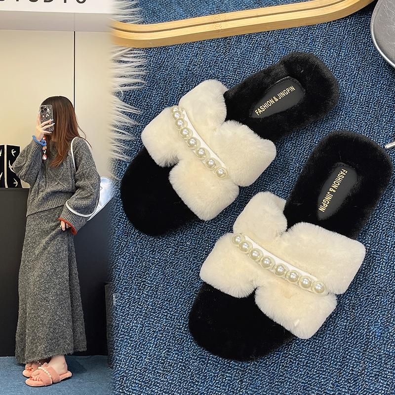 Fashion French Straight Cotton Slippers Women's Outer Wear Autumn and Winter New Comfortable Retro Flat Plush Mop
