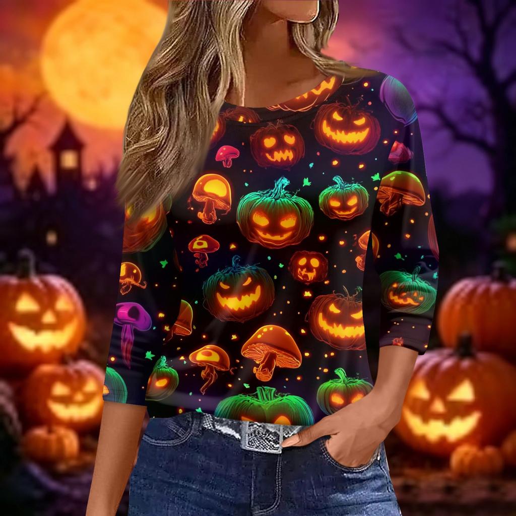 Women's Halloween Print Casual Loose Fit Round Neck Three Quarter Sleeve Shirt Lightweight Comfortable Top for Fall Season