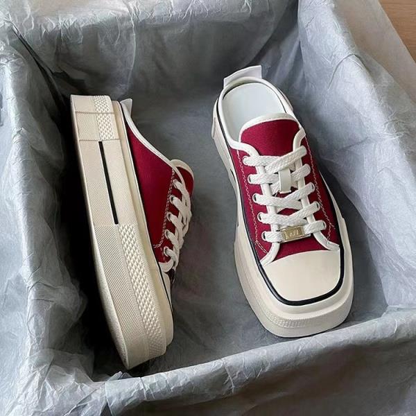 Fashion Square Toe Shoes Slippers Flat Low Slipers Women Slides Cover 2025 Soft Cotton Fabric Casual Canvas Lace-Up Spring Rome Rubber H