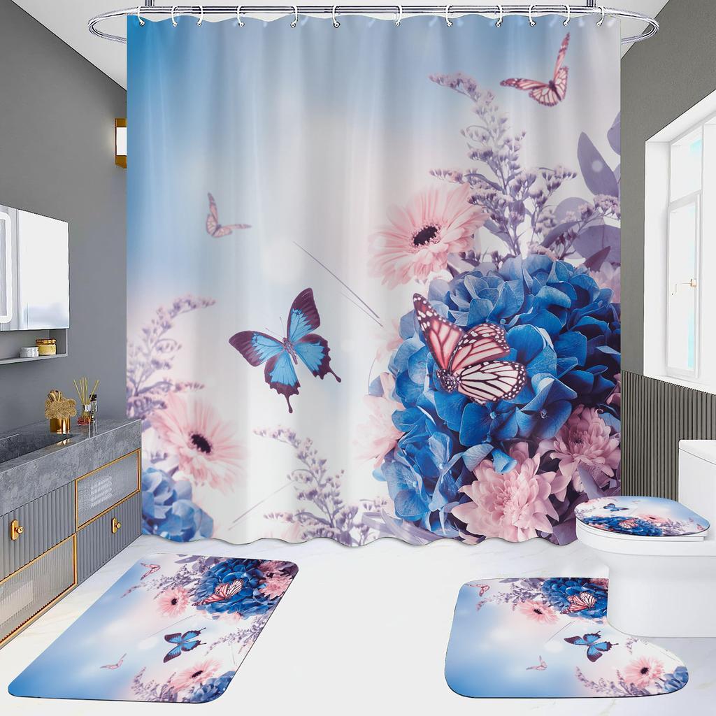 4-Piece Shower Curtain Set with HD Digital Printing | Waterproof, Drill-Free, Ideal for Home/Hotel Bathroom Partition