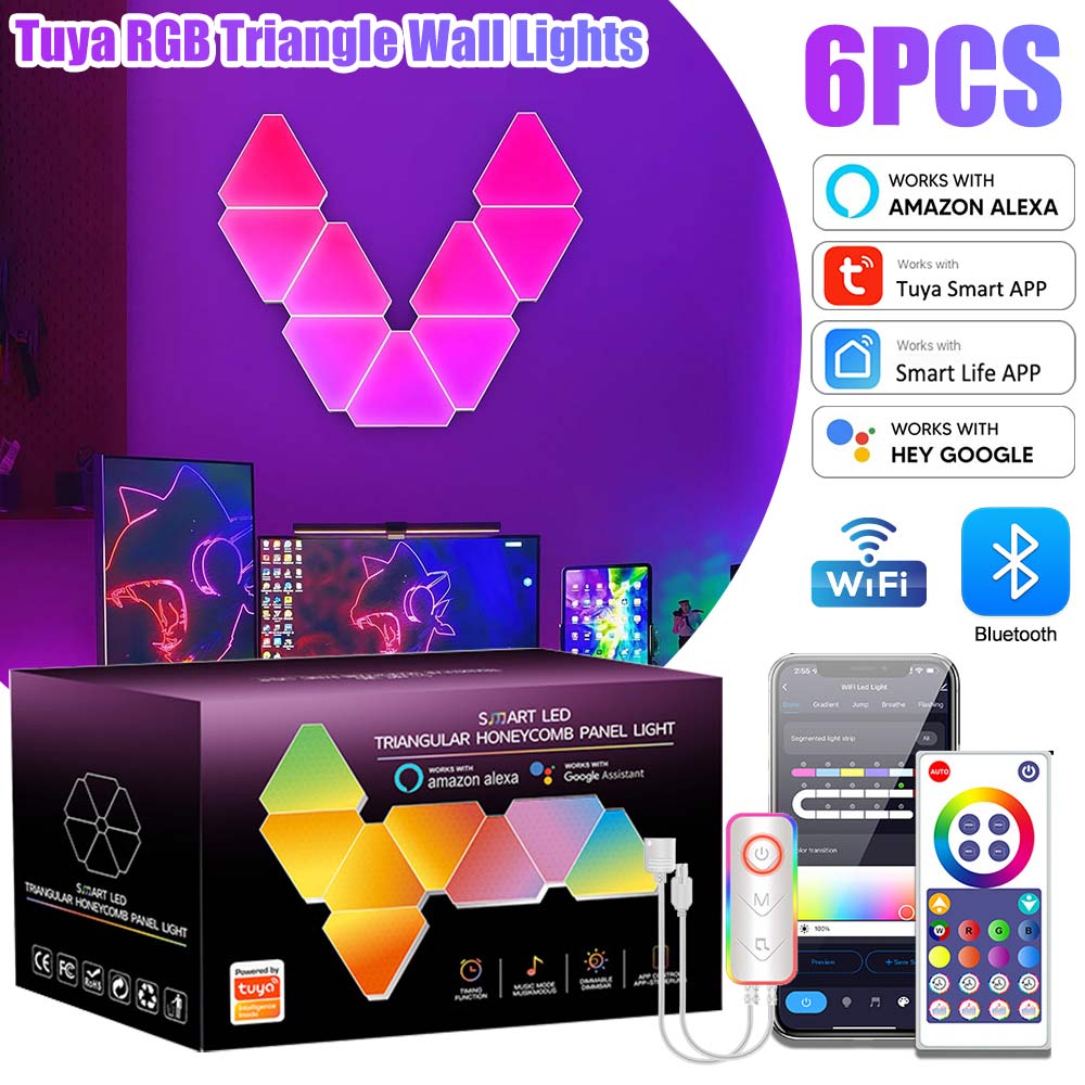 6PS LED Triangular Quantum Lamp RGB Wall Lamp Smart Pickup Rhythm Background Light Bedroom Bedside Night Light Office Decoration