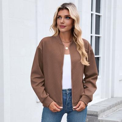 Women Coat Stand Collar Long Sleeve Zipper Closure Baseball Jacket with Pockets Solid Color Sport Outerwear