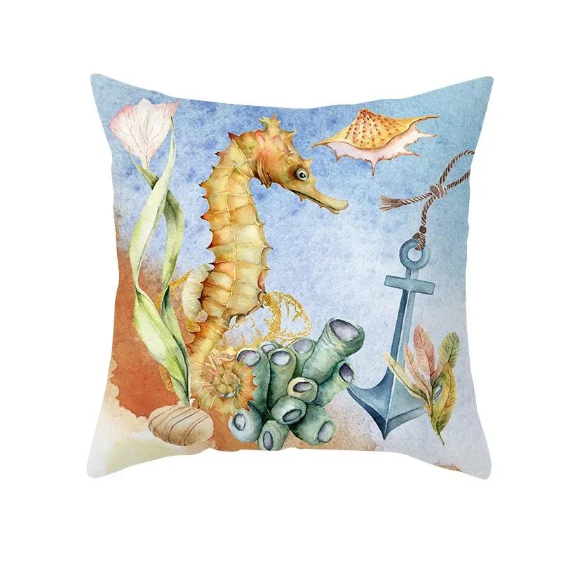 45X45CM Retro Mediterraner Ozean Druck Blau Grün Kissenbezug Heiß Meerjungfrau Fisch Kissenbezug Sofa Sitz Wohnzimmer Dekokissen
