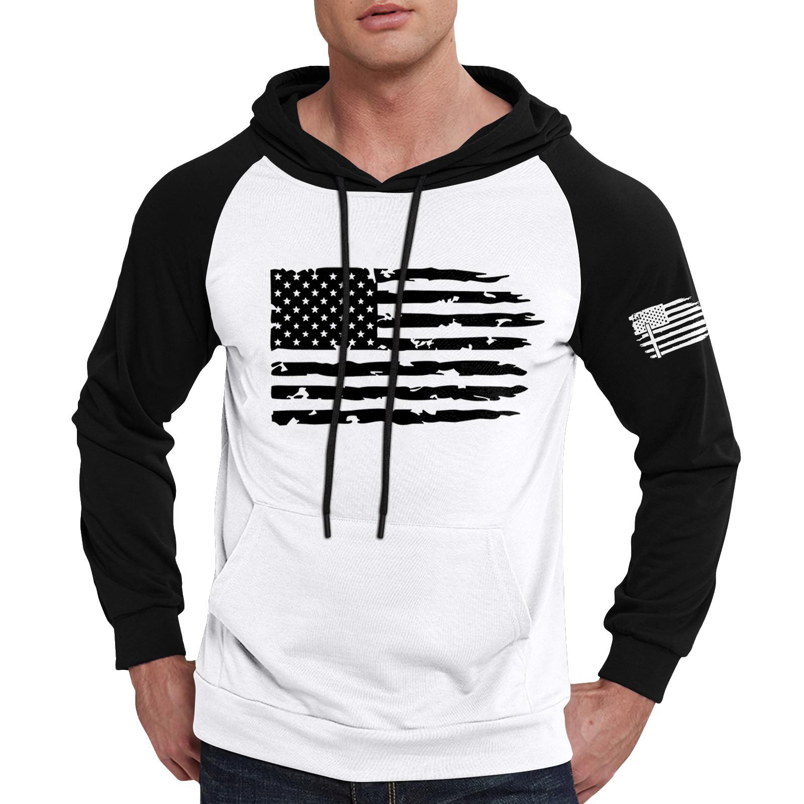 

Мужская повседневная толстовка с капюшоном, завязками, длинными рукавами, принтом флага и карманами XL белый