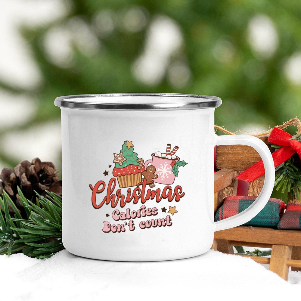 Santa Deer Truck Print Creative Enamel Cups Christmas Party Drink Juice Hot Cococ Cup Mugs Handle Mug Gifts for Family Friends