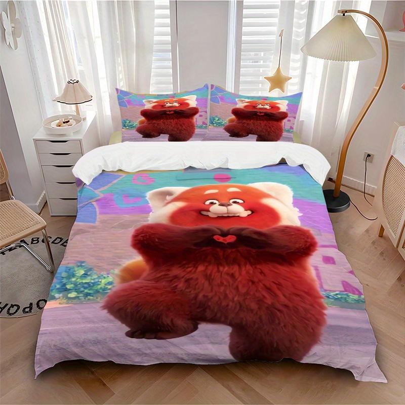 3pcs Happy Red Panda Turning Red Bedding Set, Includes 1 Quilt Cover and 2 Pillowcases, Comfortable Bedding with Stylish Design for Bedroom,