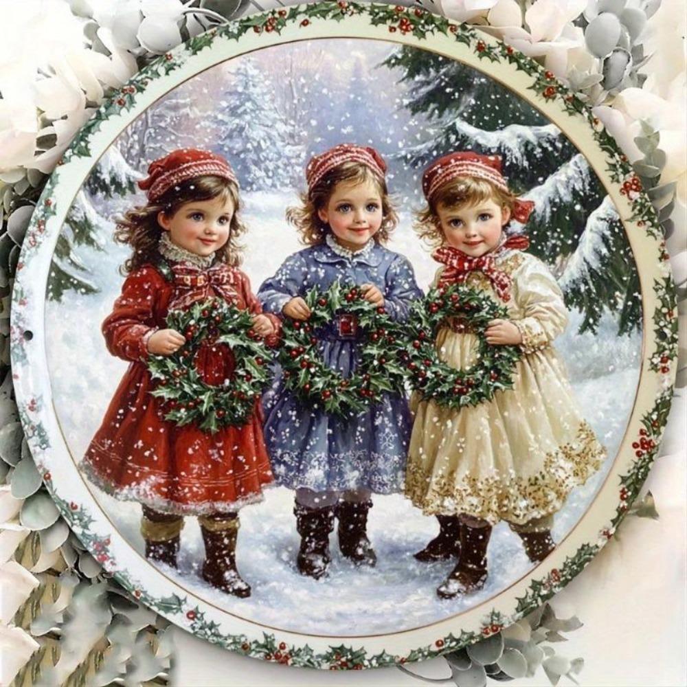 Victorian Christmas Metal Wall Art Sign Vintage 8 Inch Snowy Tree Holly Decor