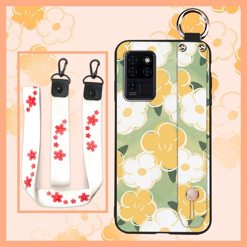 Waterproof Durable Phone Case For Oukitel C21 Wristband Wrist Strap Shockproof Silicone Kickstand Protective Ring Flower