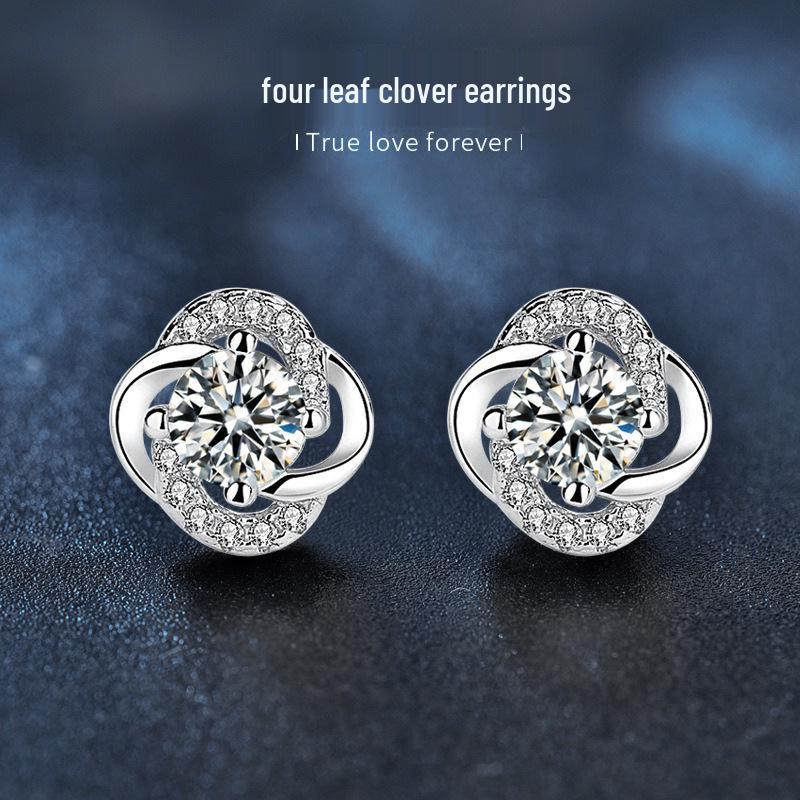 

Moissanite Four-Leaf Clover Stud Earrings - 925 Sterling Silver, Simple Niche Design 925 Silver