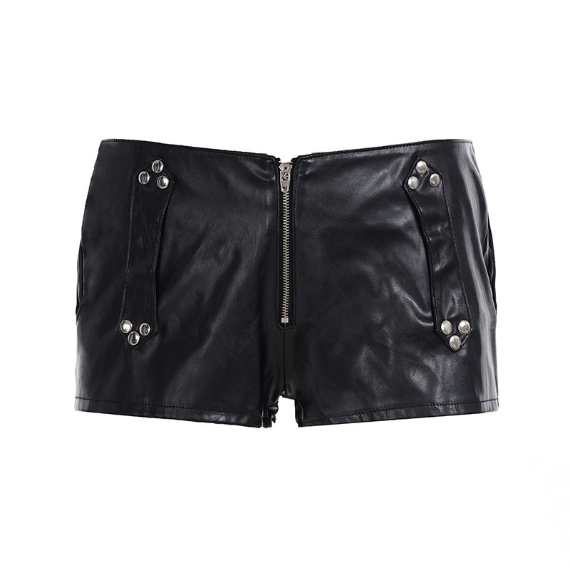 

H Home European and American Women s Clothing Metal Rock Dark Rivet Zipper Black Leather Shorts Stylish Sexy Hot Pants Tide Black L