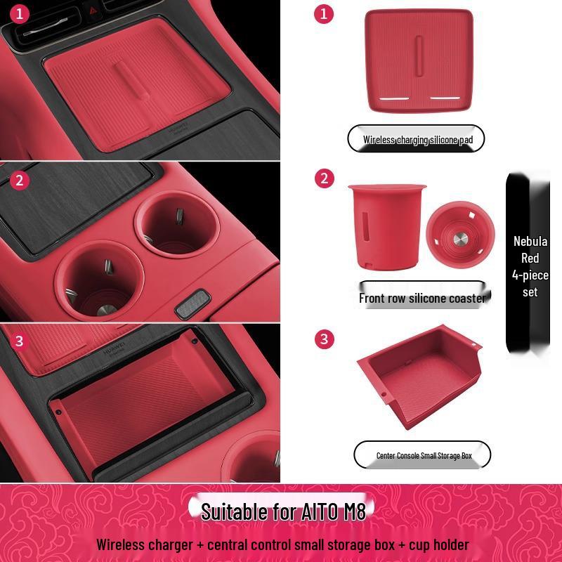 AITO M8 Center Console Cup Holder Wireless Charger & Armrest Storage Silicone Car Interior Decor.