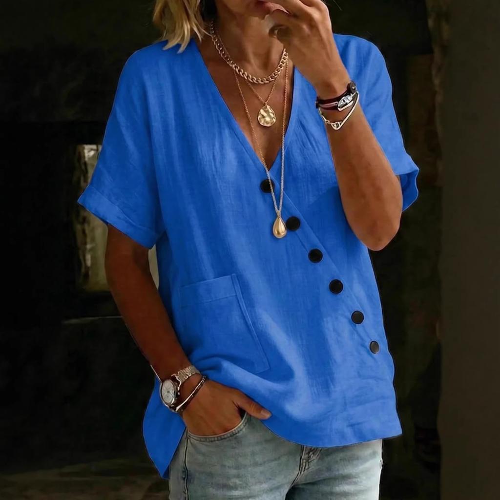 New Women's Shirt Top V-Neck Solid Color Casual Comfortable Button Cotton and Linen Shirt