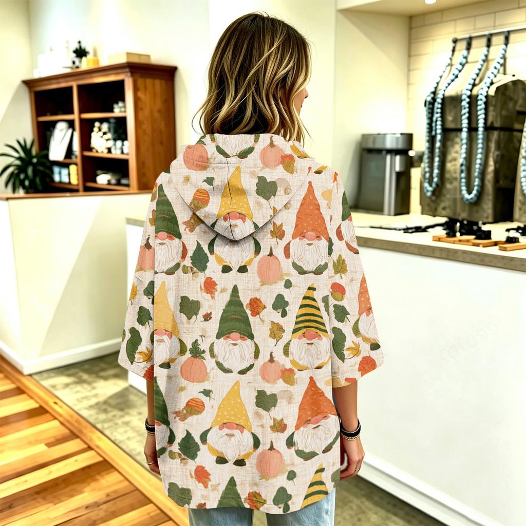Women's Christmas Print Hooded Pullover Top with Three-Quarter Sleeves