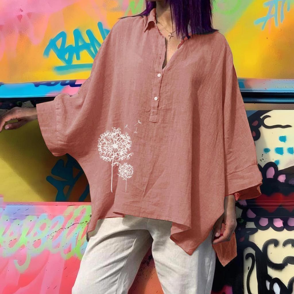Locker sitzende Fledermausärmel-Oberteile aus Baumwolle und Leinen für Damen – Lässige Kleidung in Übergröße