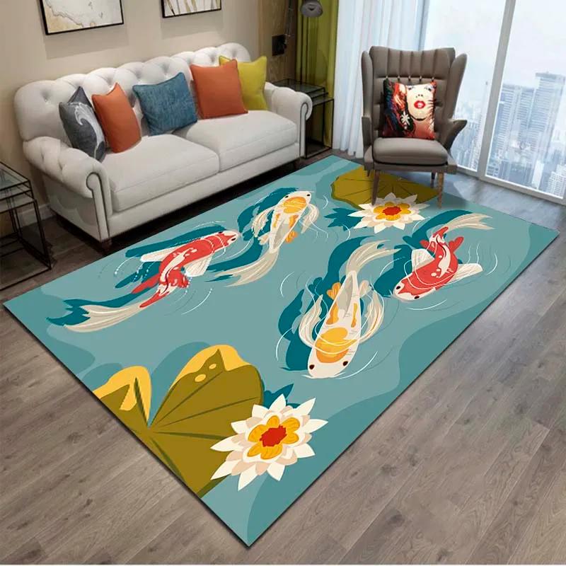 Japanese Luxury Koi Fish Flowers Pattern Living Room Anti Slip Area Carpet Bathroom Mat Doormat Bedroom Outdoor Mat Home Decor