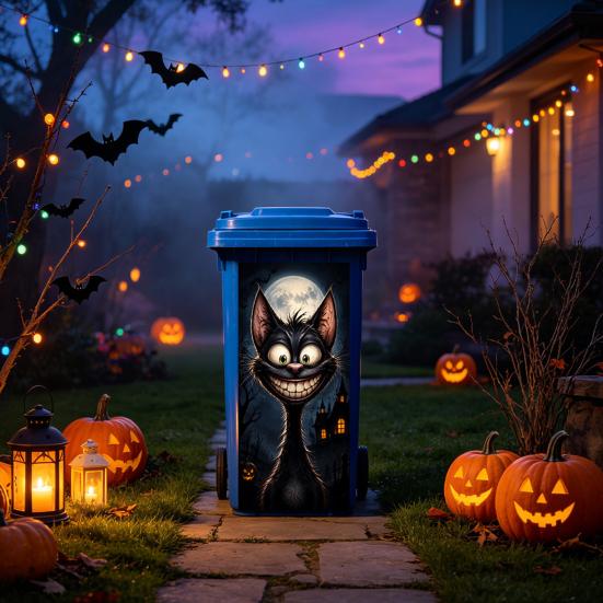 Black Cat Bat Owl Pattern Halloween Trash Can Sticker, Spooky Pumpkin Ghost Wheelie Bin Decal, Easy Apply Mural Waterproof Outdoor Garbage Sticker