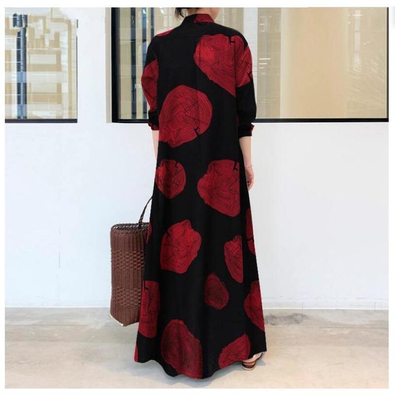 Plus Size Loose Printed Turn Down Collar Long Sleeve Casual Long Shirt Dress For Women