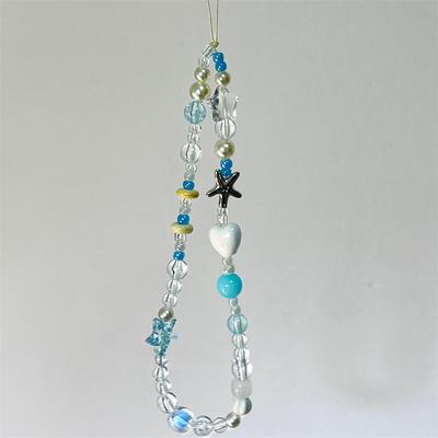 Niedliches blaues Stern-Herz-Handyketten-Lanyard mit Anhänger, Armband, Perlenkette, Schlüsselanhänger für iPhone und Kamera, Mädchen-Seilschmuck