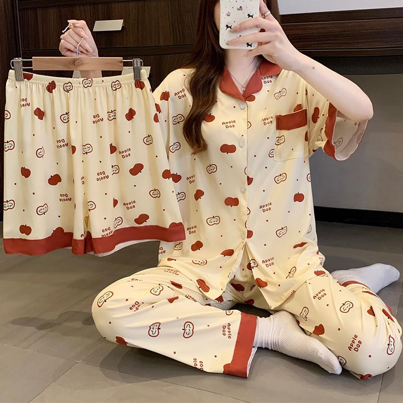 Spring And Summer Pajamas Women'S Summer Cartoon Apple Full Print Short-Sleeved Three-Piece Set Thin Sweet Girl Loungewear