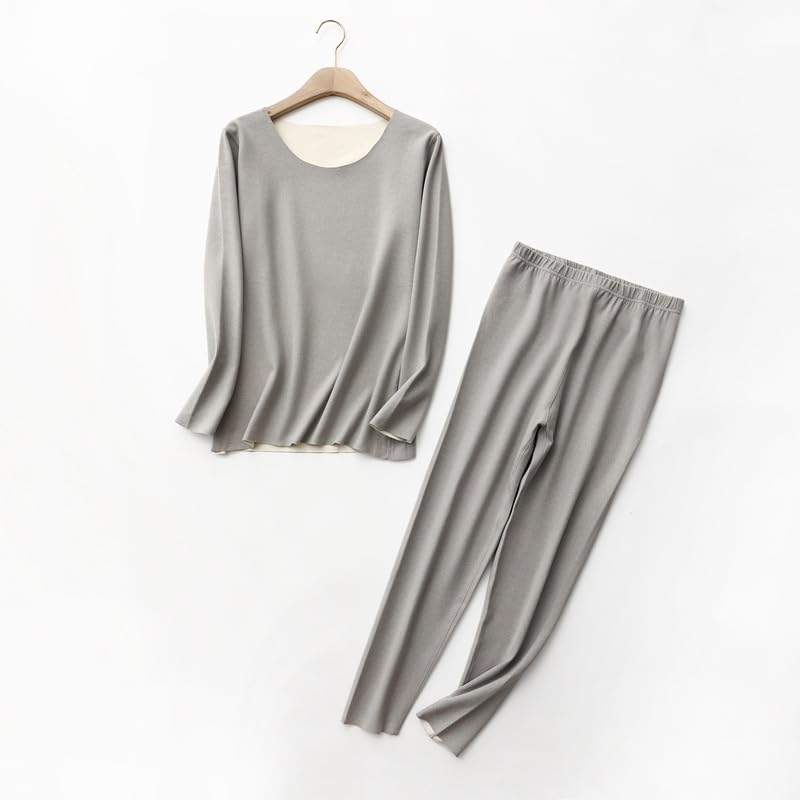 TRTRO Innerwear Long Inner and Long Round Thermal and Cold Weather Size Women's Set, Sleeves, Shirt, Pants, Neck, Innerwear, Warm, Soft, (Gray, 3XL)