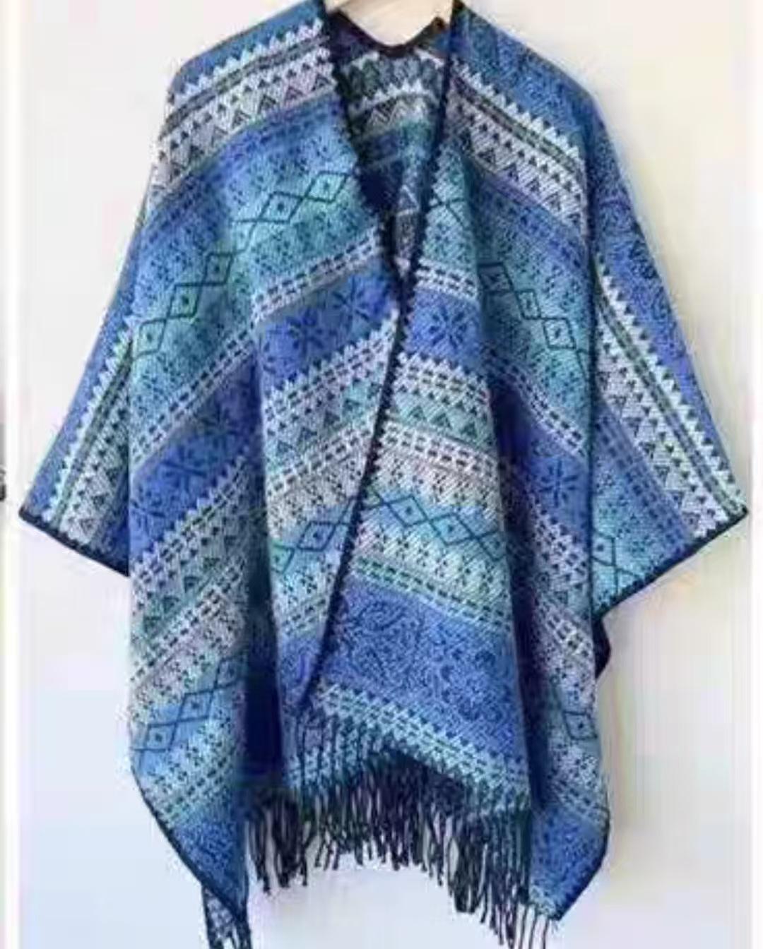 

Bohemian Fringe Vintage Shawl Cape - 2025 Warm Travel Photo Outerwear 135-175 CM синій