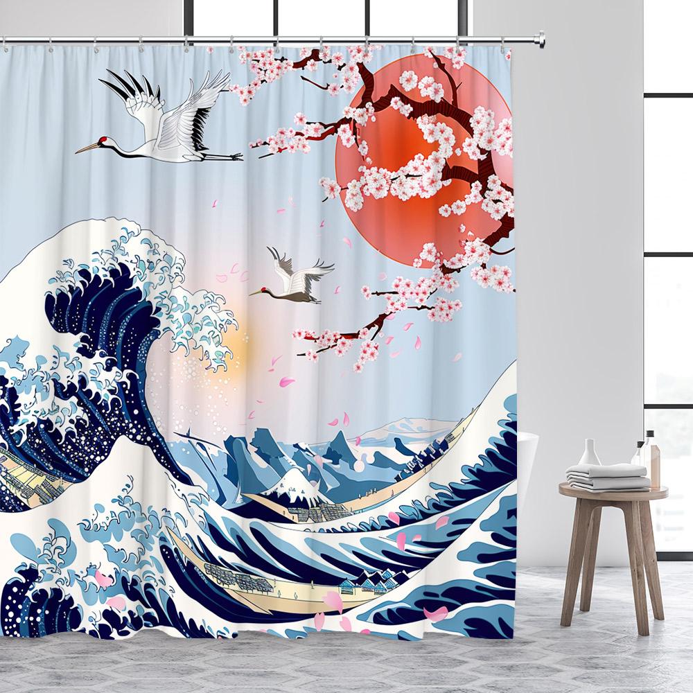 Ink Landscape Shower Curtain Abstract Mountain Water Red Floral Birds Chinese Style Bath Curtains Home Bathroom Decor with Hooks