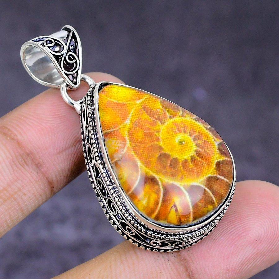 Natural Ammonite Doublet Gemstone 925 Sterling Silver Jewelry Pendant 1.73" ETC-14694