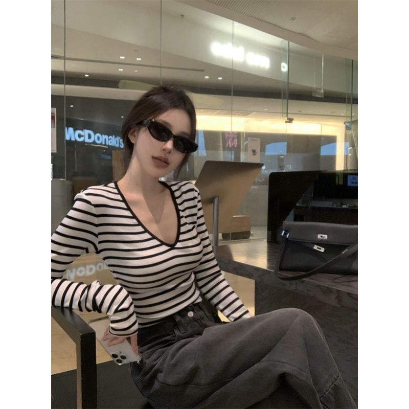 Kumikumi Pure Desire Style Contrast Color Stripe Sexy Temperament Long sleeves Shirt Women Autumn Slim fit Slimming Versatile Top