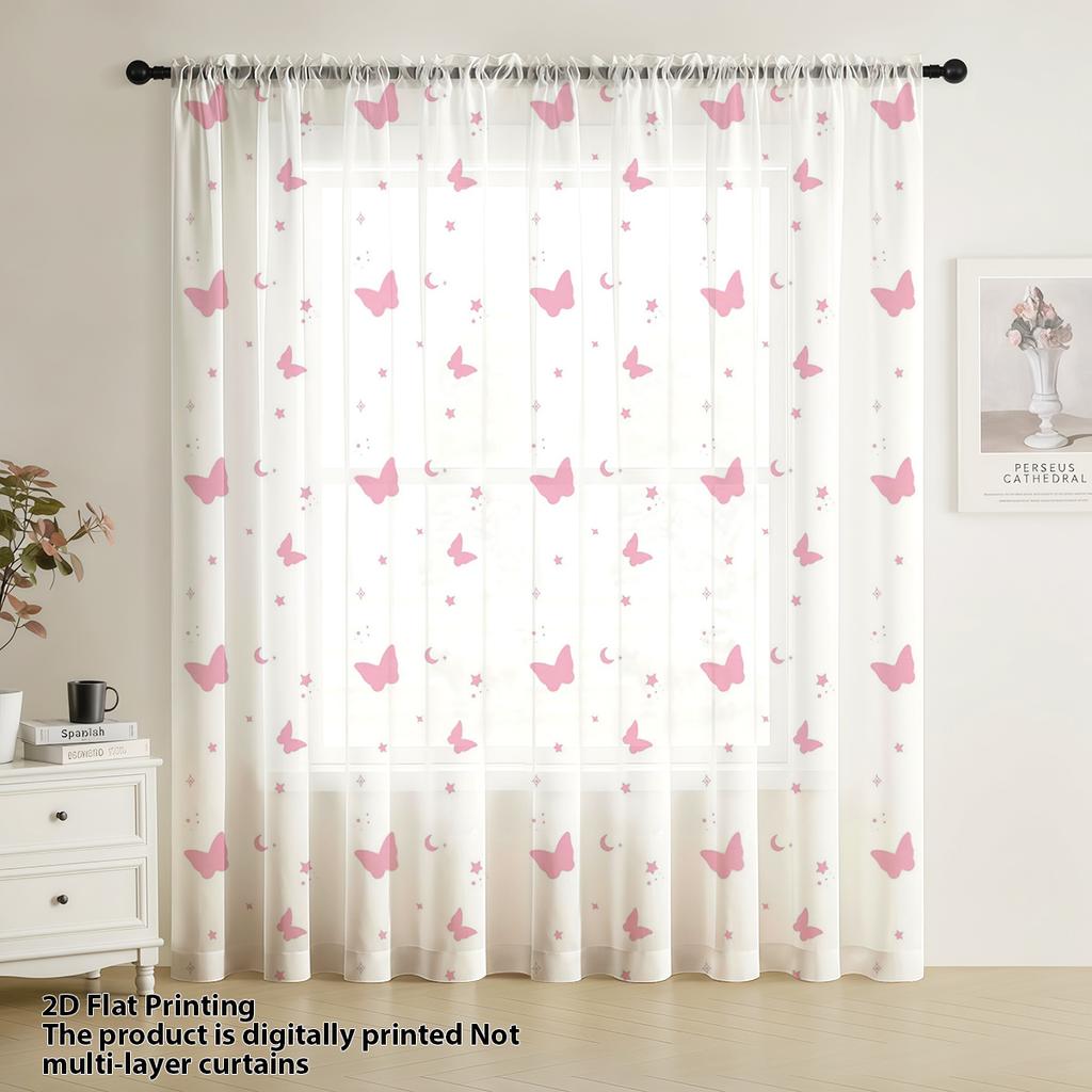 1 st Ljusrosa Fjäril Fönstergardin Drömsk Söt Elementstil Stånggenomförd Dekorativ Fönsterduk för Vardagsrum Och Sovrum