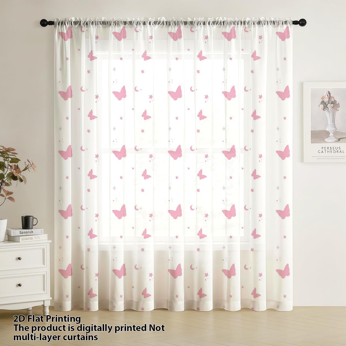 Tonnika Chen Pink Butterfly Window Curtain Dreamy Sweet Element Style Rod Pierced Decorative Screen Living Room Bedroom Single Panel Polyester Washable Ready