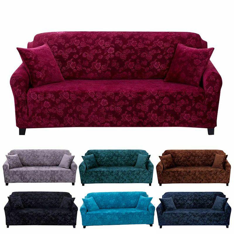 Luxurious Stretch Velvet Sofa Cover Slipcover Soft Embossing Flower Nonslip Wrinkle Resistant