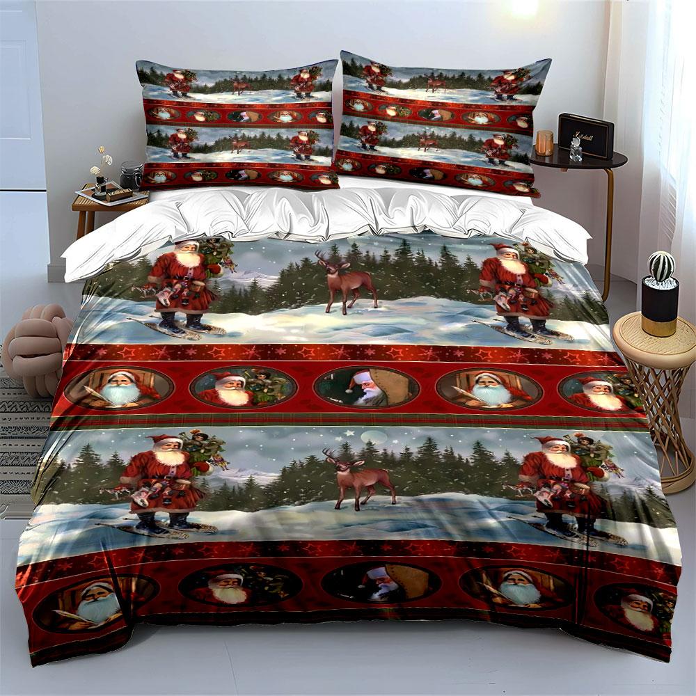 Christmas Santa and Reindeer Scene Bedding Duvet Cover Set (1*Duvet Cover 2*Pillowcases, without duvet insert)